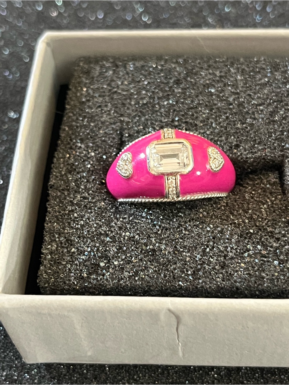 Juduth Ripka Pink Enamel Dome Ring with Clear Crystal Accent